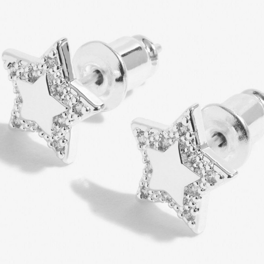 Front view of Joma Jewellery silver-plated Happy Birthday earrings with sparkling cubic zirconia stones.