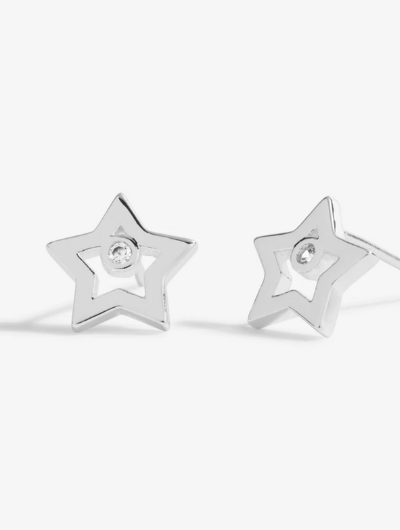 Close-up of Joma Jewellery silver-plated Super Sister star-shaped earrings with sterling silver pins and butterfly backs.