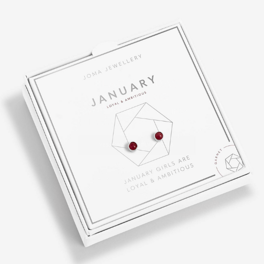 January Birthstone Earrings – silver-plated design with red Garnet stones in white gift box.