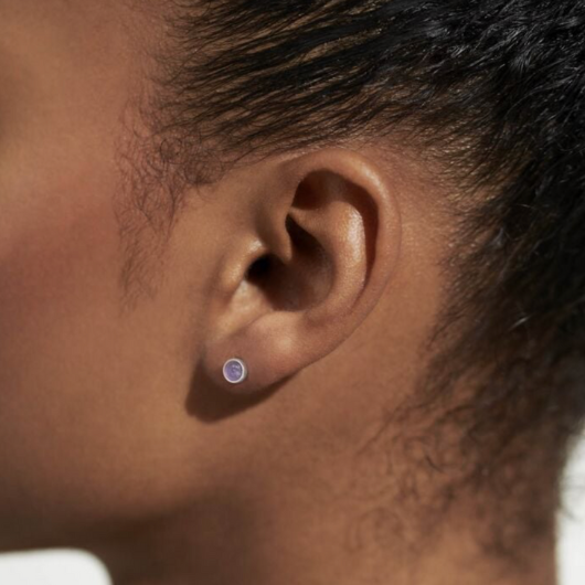 February Birthstone Earrings – silver-plated design with Amethyst stones in white gift box.