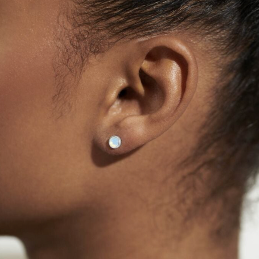 June Birthstone Earrings – silver-plated design with Moonstone gemstones in white gift box.