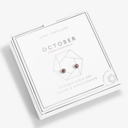 October Birthstone Earrings – silver-plated design with pink Tourmaline gemstones in white gift box.