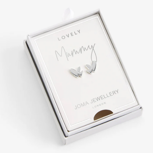 Joma Jewellery Lovely Mummy Earrings – silver-plated heart studs with sterling silver pins in gift box.