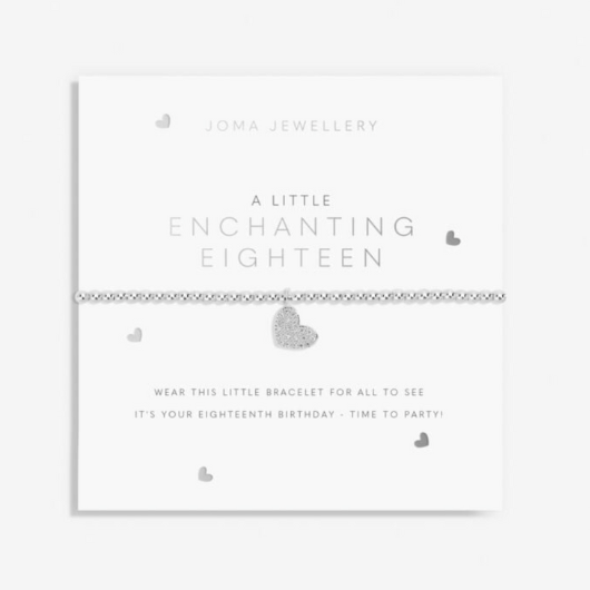 Celebrate their 18th with Joma’s Enchanting Eighteen Bracelet. A silver-plated heart charm bracelet on a sentiment card, perfect for meaningful birthday gifting.