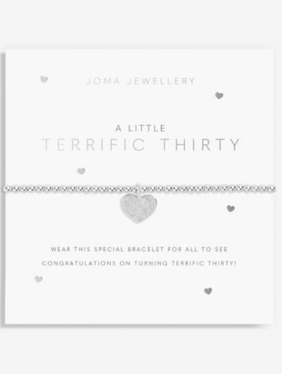 Joma Jewellery A Little Terrific Thirty silver-plated bracelet with heart charm on sentiment card.