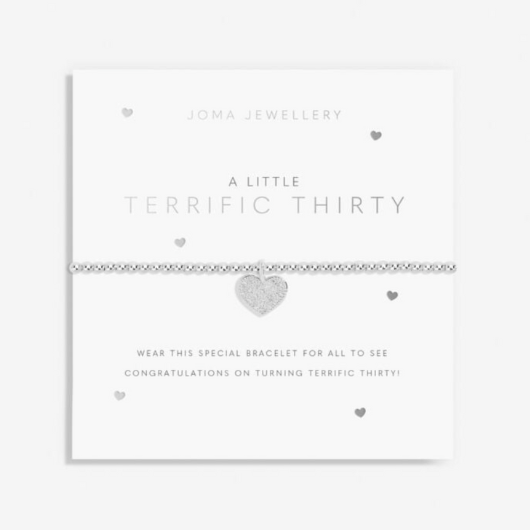 Joma Jewellery A Little Terrific Thirty silver-plated bracelet with heart charm on sentiment card.
