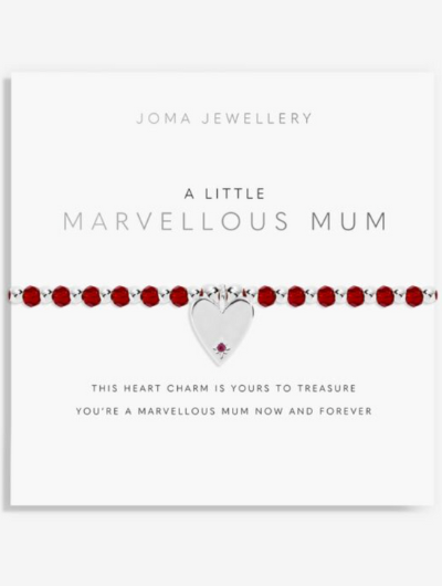 Colour Pop Marvellous Mum bracelet with coloured crystal beads and silver heart charm on sentiment card.