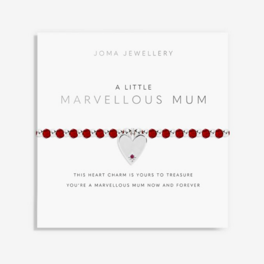 Colour Pop Marvellous Mum bracelet with coloured crystal beads and silver heart charm on sentiment card.