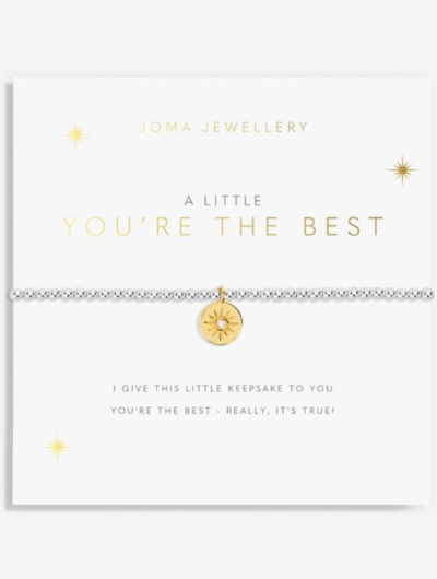 Joma Jewellery A Little You’re The Best bracelet with gold-plated charm on sentiment card.