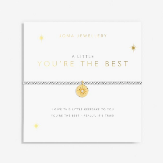 Joma Jewellery A Little You’re The Best bracelet with gold-plated charm on sentiment card.