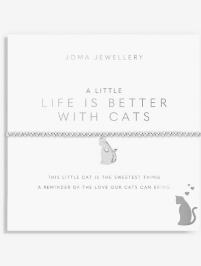 A Little Life Is Better With Cats bracelet with silver cat charm on sentiment card.