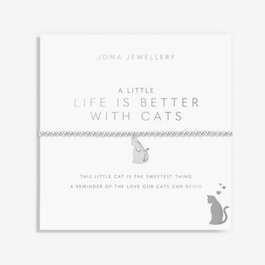 A Little Life Is Better With Cats bracelet with silver cat charm on sentiment card.