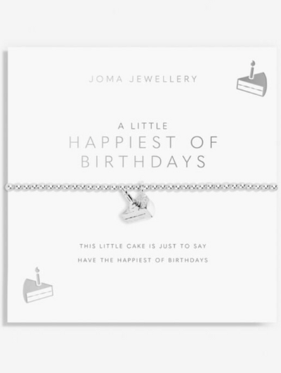 A Little Happiest Of Birthdays bracelet with silver-plated birthday cake charm on sentiment card.