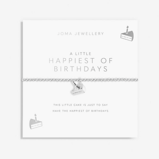 A Little Happiest Of Birthdays bracelet with silver-plated birthday cake charm on sentiment card.