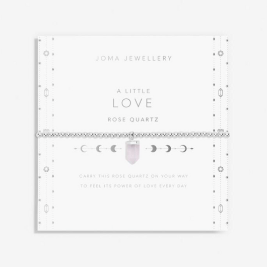Affirmation Crystal Love bracelet with Rose Quartz pendant and silver beads on sentiment card.