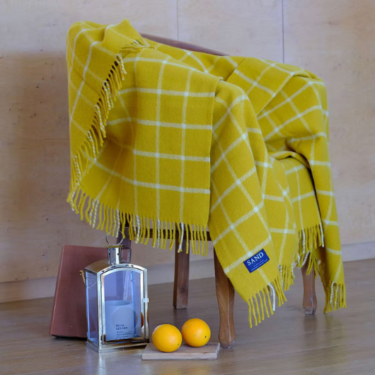 Sand Cornwall yellow chequered pure new wool blanket throw with tasselled edge in large size.
