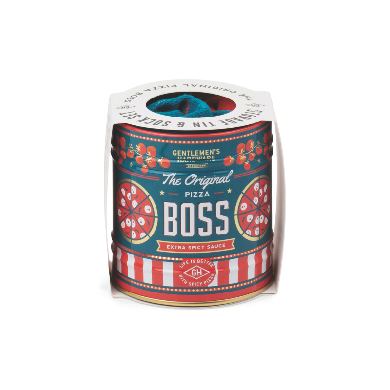 Gentlemen’s Hardware Pizza Socks in a reusable storage tin.