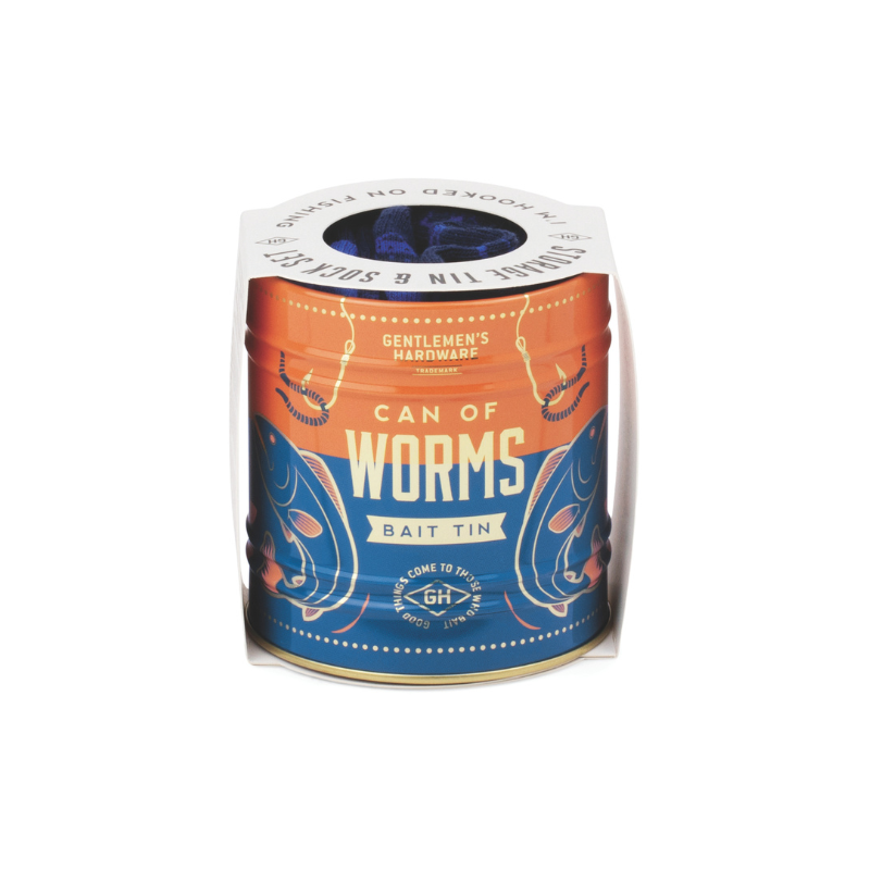 Fishing-themed novelty socks packaged in a tin by Gentlemen’s Hardware.