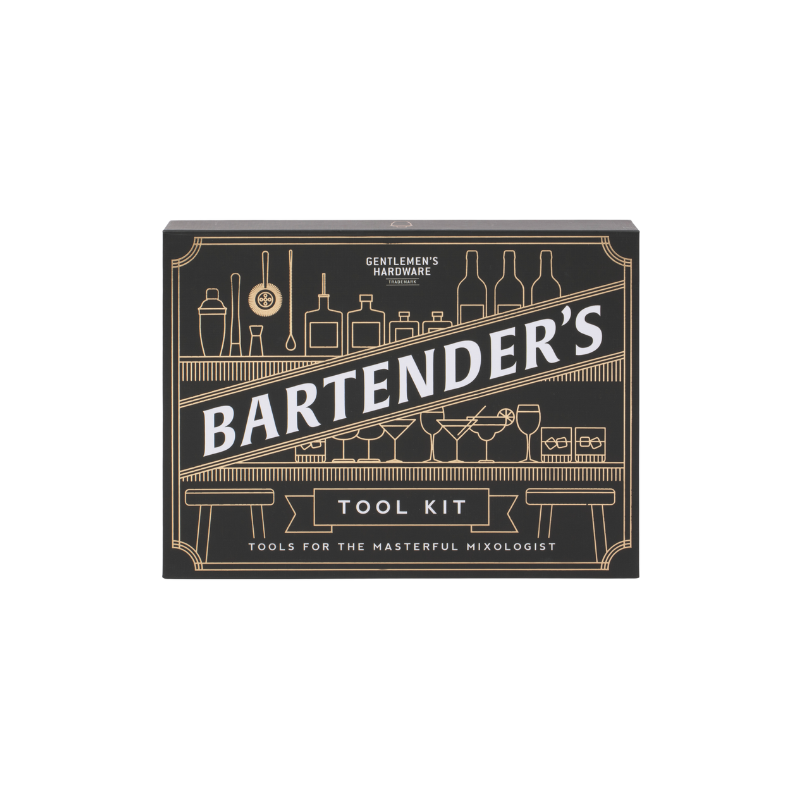 Gentlemen’s Hardware Bartender’s Kit with strainer, jigger, muddler and waiter’s friend.