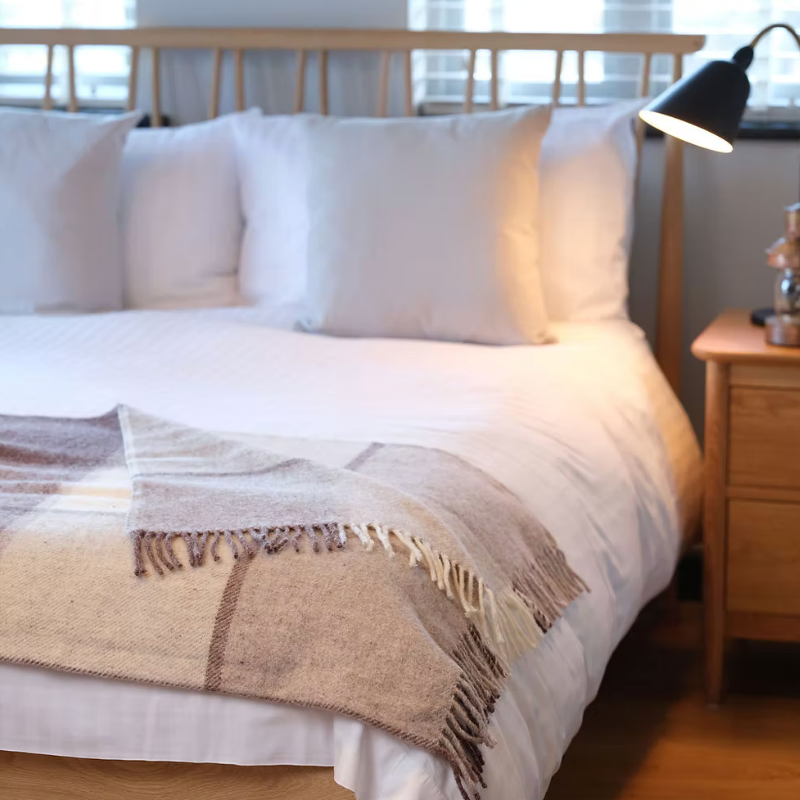 Sand Cornwall Jacob Block Check pure new wool blanket Throw in duck egg, charcoal and grey with tassels.