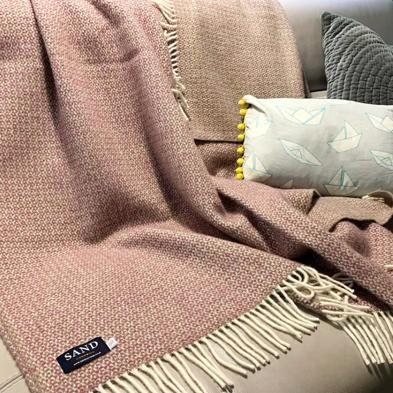 Sand Cornwall Raspberry Illusion 100% new wool blanket with cream tassels.