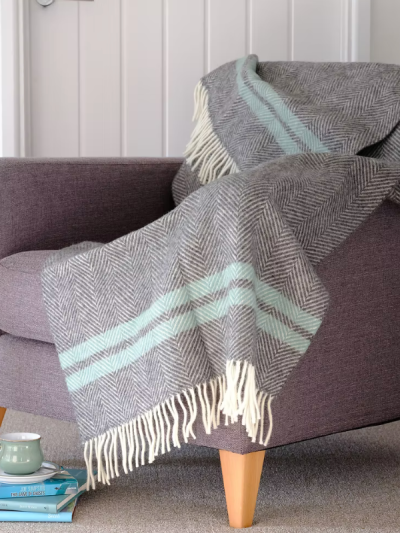 Slate Grey & Ocean Fishbone 100% new wool blanket throw with cream tassels.