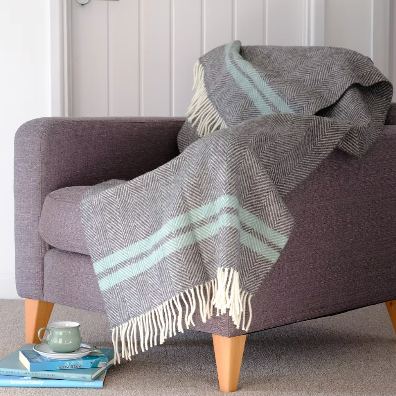 Slate Grey & Ocean Fishbone 100% new wool blanket throw with cream tassels.