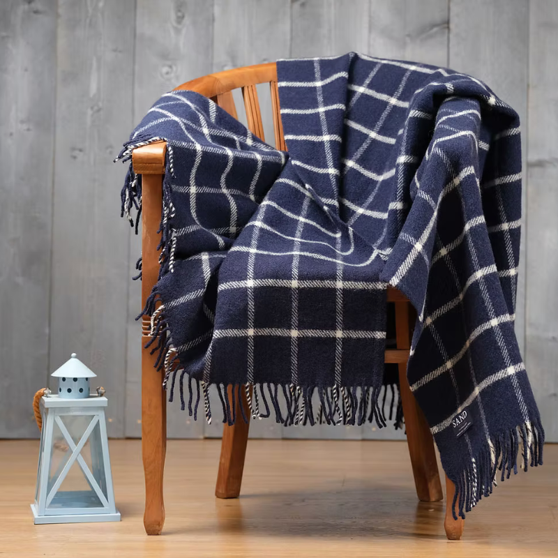Navy chequered check pure new wool blanket throw with tasselled edge.