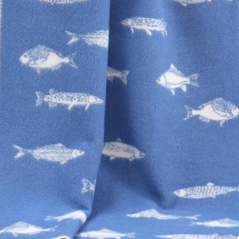 JJ Textiles Fish Wool Blanket with blue ocean design, reversible wool and cotton throw.