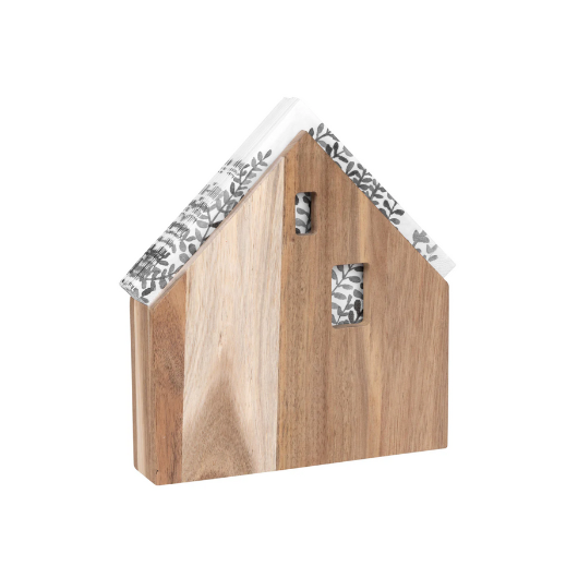 Village House Napkin Holder in acacia wood by Sarah Blienert, holding square dinner napkins.