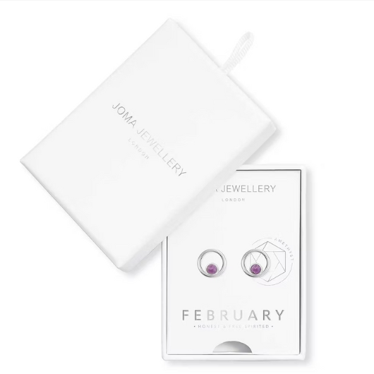 Joma Jewellery February Birthstone earrings presented in a white Treasure The Little Things gift box with silver and amethyst halo studs.