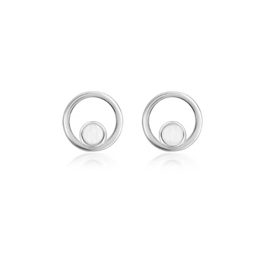 Close-up of Joma Jewellery silver-plated moonstone birthstone halo stud earrings with butterfly backs.