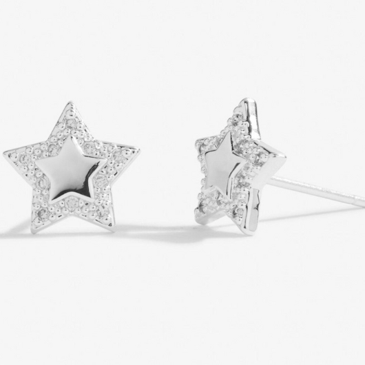 Front view of Joma Jewellery silver-plated Happy Birthday earrings with sparkling cubic zirconia stones.