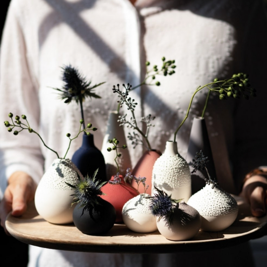 Räder Designs mini grey beaded porcelain bud vase with matte powder finish and hand-applied texture.