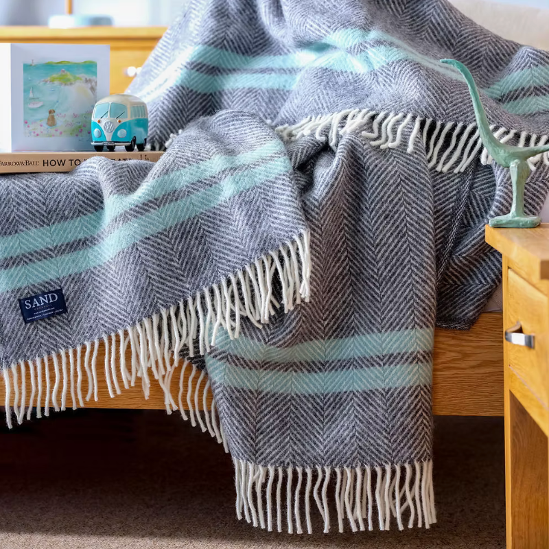 Slate Grey & Ocean Fishbone 100% new wool blanket throw with cream tassels.