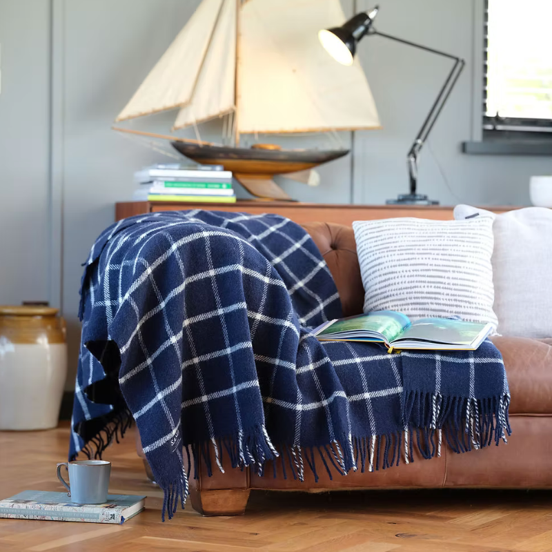 Navy chequered check pure new wool blanket throw with tasselled edge.