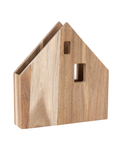 Village House Napkin Holder in acacia wood by Sarah Blienert, holding square dinner napkins.