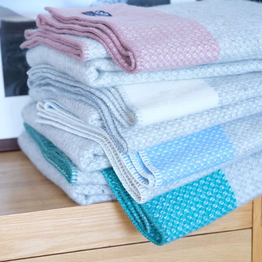 Peacock blue crossweave pure new wool blanket Throw with grey base, 140x200cm, Sand Cornwall.