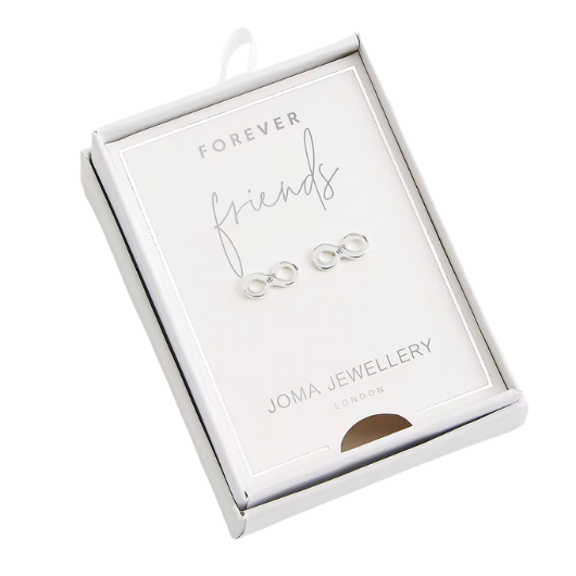 Joma Jewellery Forever Friends infinity earrings presented in a white gift box with silver detailing and ‘Forever Friends’ message card.