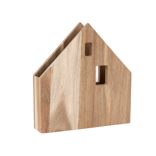 Village House Napkin Holder in acacia wood by Sarah Blienert, holding square dinner napkins.