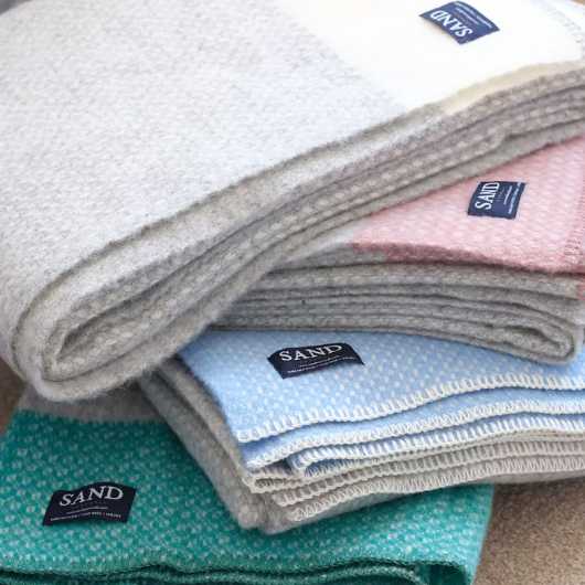 Peacock blue crossweave pure new wool blanket Throw with grey base, 140x200cm, Sand Cornwall.