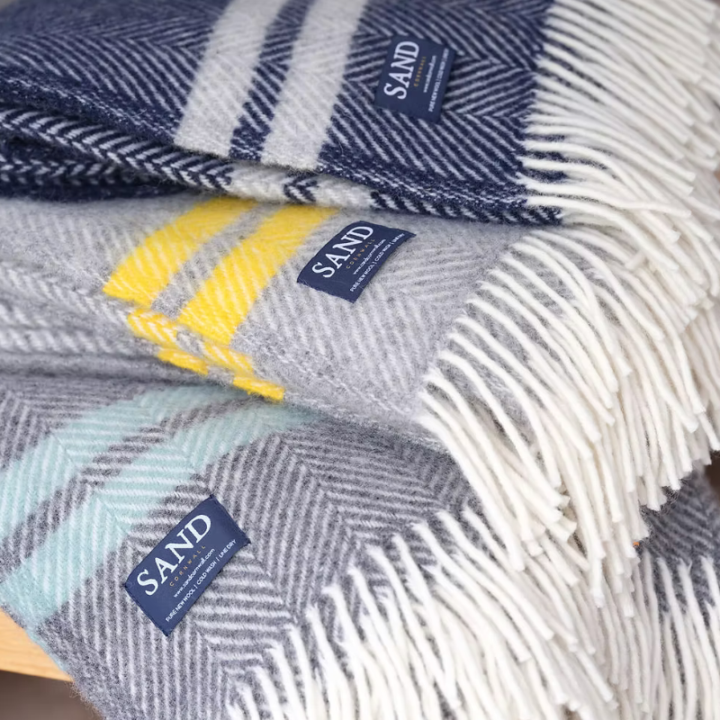 Slate Grey & Ocean Fishbone 100% new wool blanket throw with cream tassels.