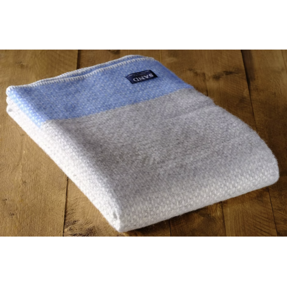 Crossweave Sea Blue Pure New Wool Blanket Throw with light grey base and bright blue stripe, folded neatly.