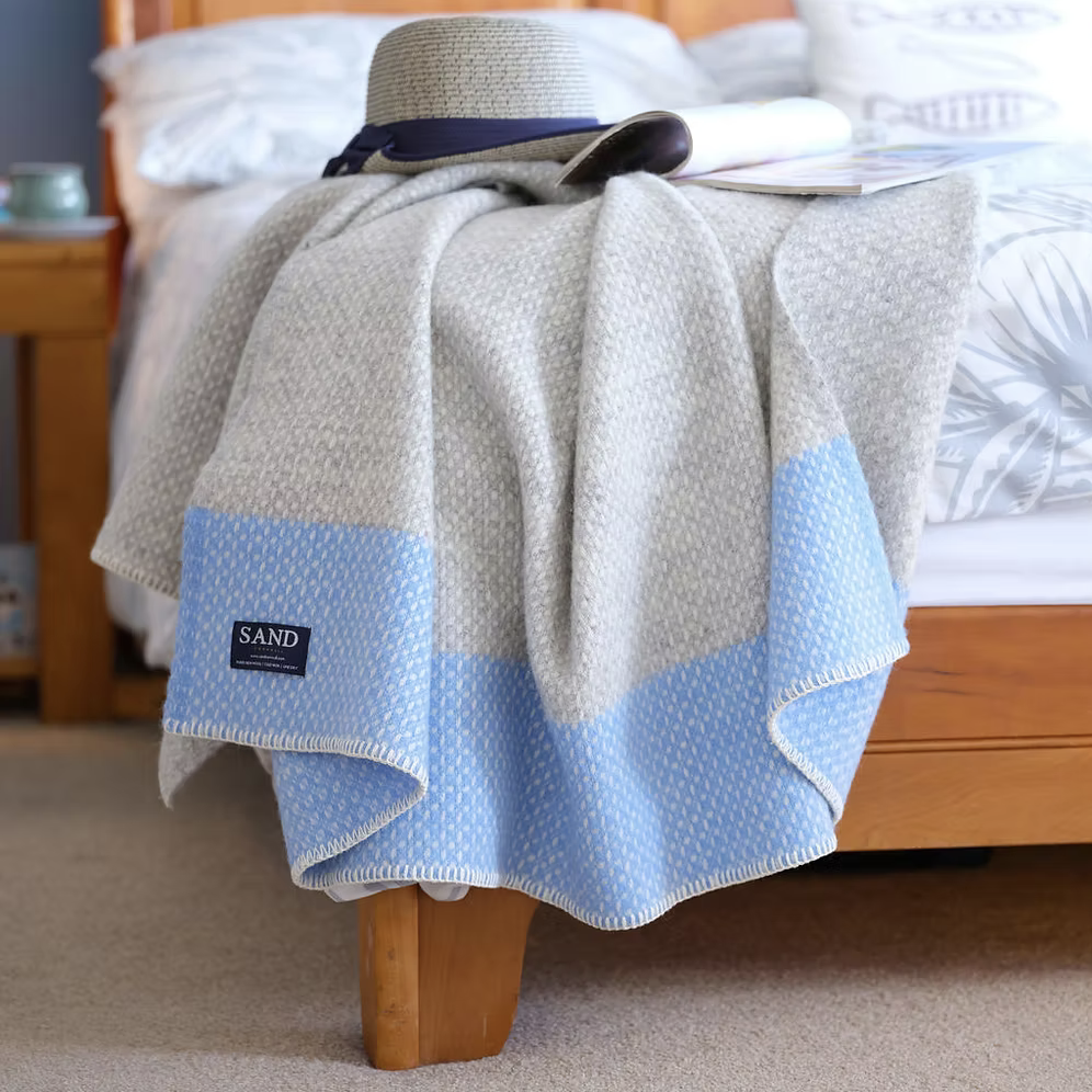 Crossweave Sea Blue Pure New Wool Blanket Throw with light grey base and bright blue stripe, folded neatly.