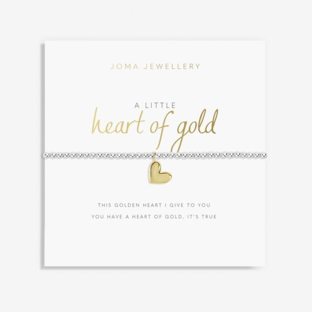 Joma Jewellery A Little Heart Of Gold silver and gold plated bracelet with heart charm on sentiment card.