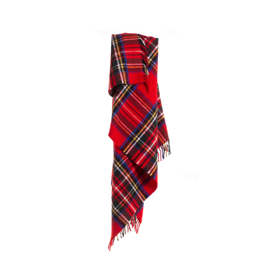 Royal Stewart tartan wool throw with red twisted tassels, draped over a sofa.