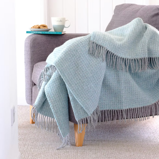 Spearmint and grey pure new wool blanket Throw with circular weave and cream tassels, Sand Cornwall