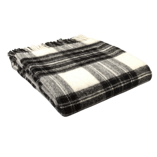 Grey Dress Stewart tartan wool blanket throw with matching tassels, Sand Cornwall