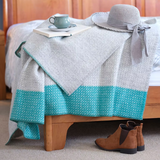 Peacock blue crossweave pure new wool blanket Throw with grey base, 140x200cm, Sand Cornwall.