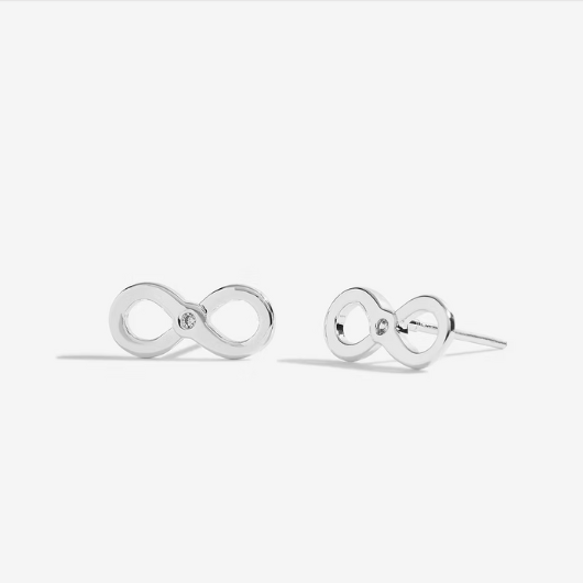 Front view of Joma Jewellery silver-plated Forever Friends infinity stud earrings with small crystal detail in centre.
